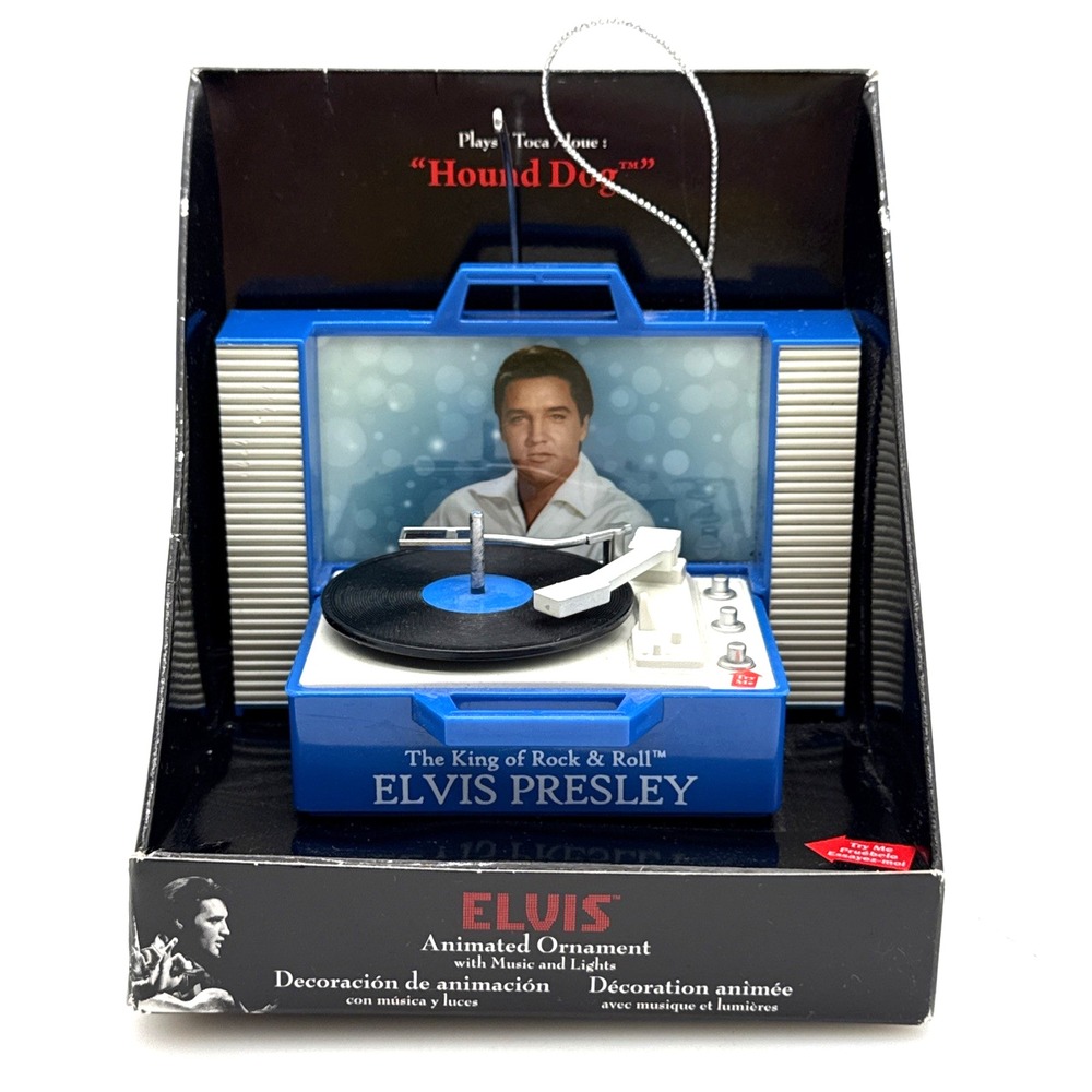 Elvis Presley Animated Christmas Ornament Record Player Hound Dog Lights Music